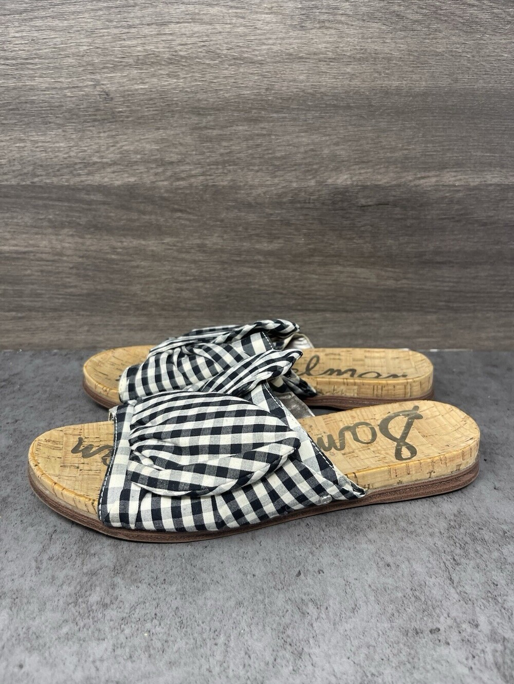 Sam Edelman Heidi Womens Size 7.5 Black White Gingham Bow Slide Sandals Cork